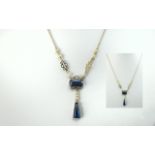 Ladies 9ct Gold Stylish Sapphire and Pearl Set Drop Necklace of excellent, pleasing design; not