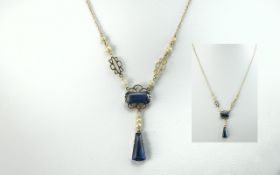 Ladies 9ct Gold Stylish Sapphire and Pearl Set Drop Necklace of excellent, pleasing design; not