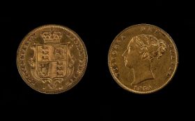 Queen Victoria 22ct Gold Shield Back Young Head Half Sovereign, dated 1859. Excellent grade, confirm