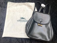 Longchamp Paris Designer Black Leather Backpack/Handbag, with gold toggle fastener and Longchamp