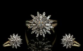 A 9ct Diamond Cluster Ring, set with round brilliant and baguette cut diamonds, in a flower head