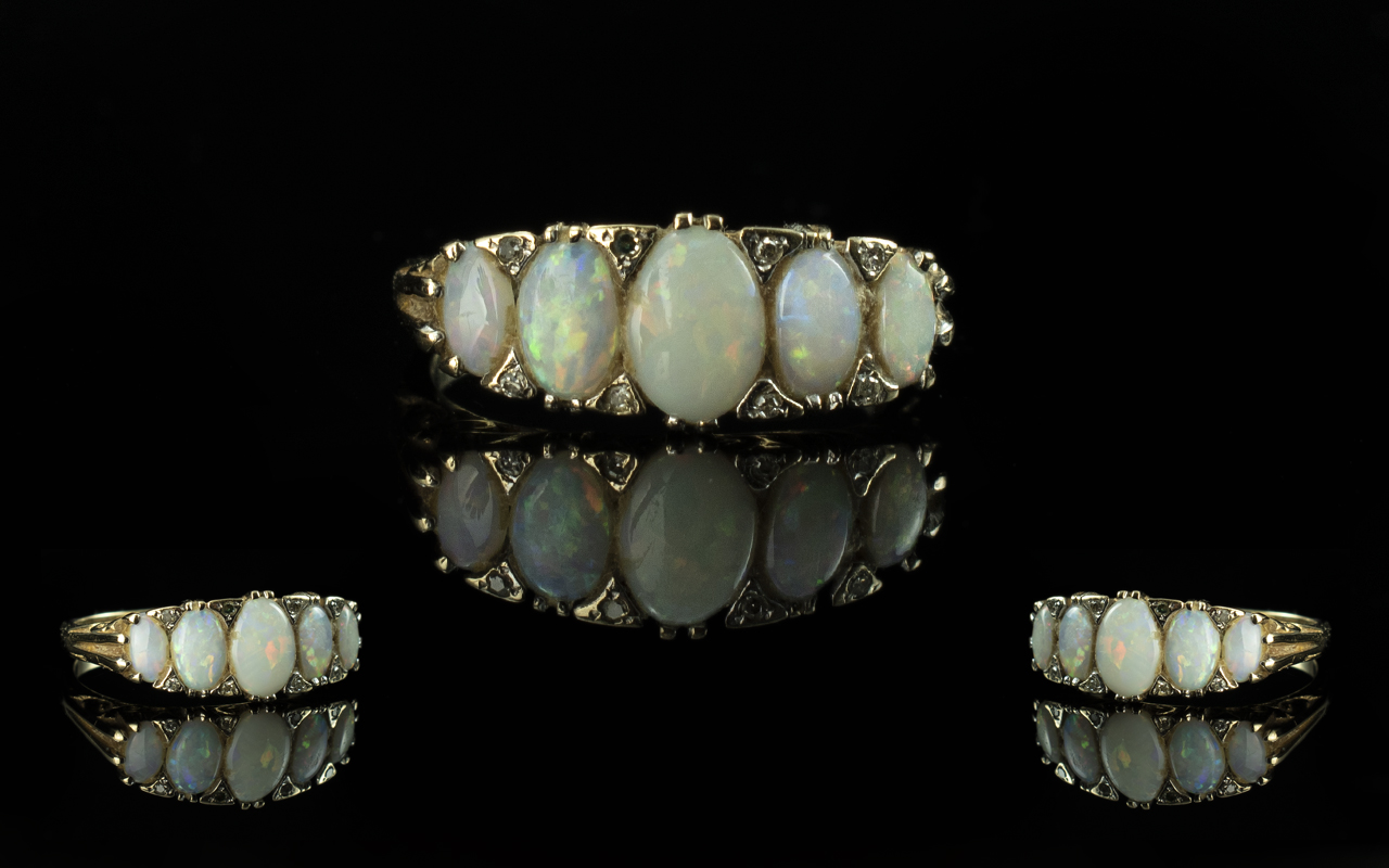 Antique Period - 18ct Yellow Gold Attractive / Pleasing 5 Stone Opal and Diamond Set Ring, Gallery