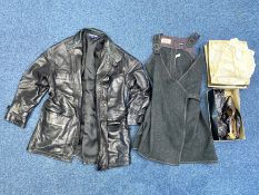 Collection of Vintage Clothes, comprising a Gent's Black Leather 'Polo' Belted Jacket, size L, a box