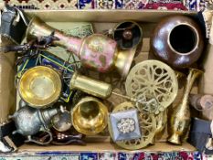 Box of Assorted Copper & Brass, including trivets, pots, vases, Moroccan bowls, tea pot, lidded box,