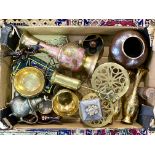Box of Assorted Copper & Brass, including trivets, pots, vases, Moroccan bowls, tea pot, lidded box,
