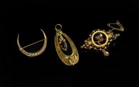 Antique Period Fine Trio of 18ct and 15ct Stone Set Brooches - Pendant. Comprises 1/ 18ct Brooch Set