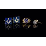 Gents 9ct Gold Masonic Ring, together with a 9ct tie pin and a pair of gold plated cuff links.