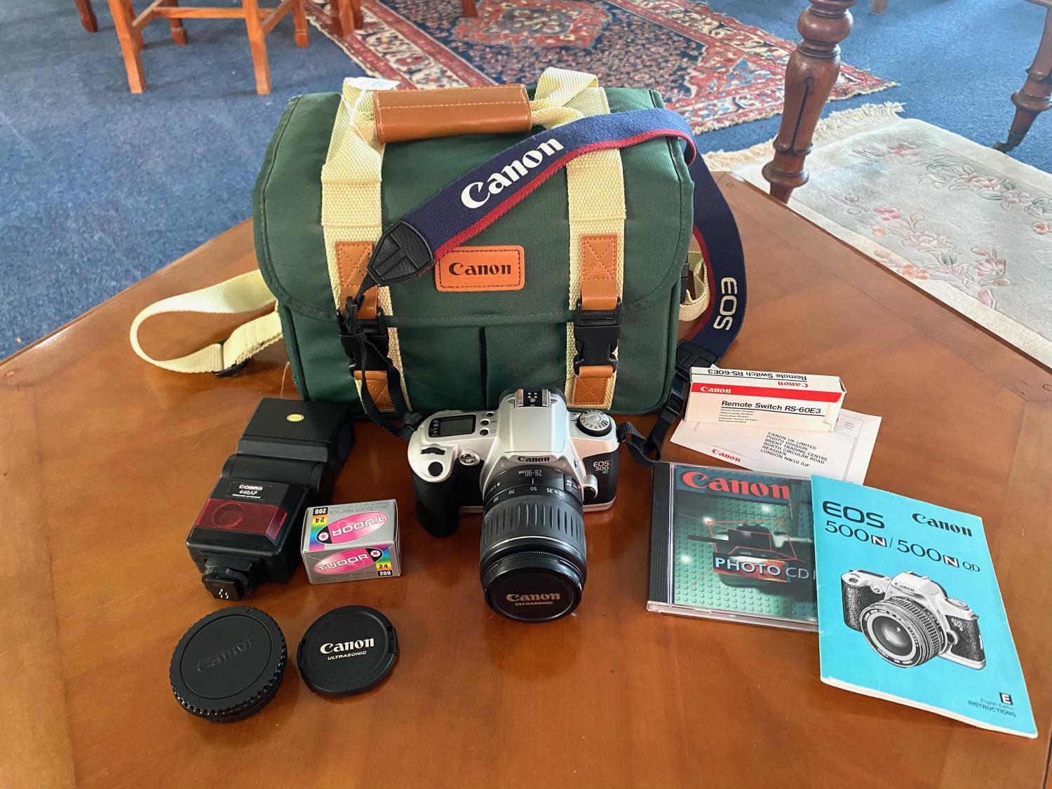Camera Interest - Canon Ultrasonic EOS 500, in green carrying bag, with Cobra 440AF autofocus,