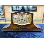 Art Deco Mantle Clock, silvered face, plaque to front dated 5th March 1931, presented to Miss