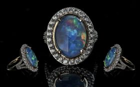 Ladies Superb 9ct Gold Black Opal and Diamond Set Cluster Ring, full hallmark for 9.375 to shank;