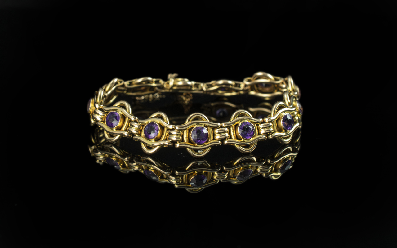 Antique Period Superior Quality 15ct Gold Amethyst Bracelet, marked 15ct, of excellent design and