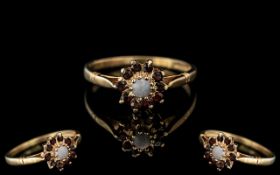 Ladies 9ct Gold Attractive Garnet and Opal Set Cluster Ring. Flower head Setting, Pretty Ladies