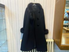 Vintage Black Wool Coat, with faux fur trim, button fastening, faux fur to collar and cuffs, knee