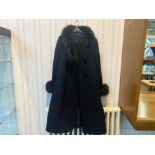 Vintage Black Wool Coat, with faux fur trim, button fastening, faux fur to collar and cuffs, knee