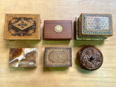 Collection of Wooden Boxes, including a musical box inlaid with mother-of-pearl, measures 7'' x 3.