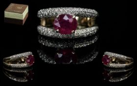 Ladies 9ct Gold Contemporary Ruby & Diamond Set Fashion Ring. Two bands of diamonds with Ruby set