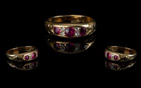 Antique Period Attractive Ladies Three Stone Ruby and Diamond Set Ring, marked 18ct to interior of
