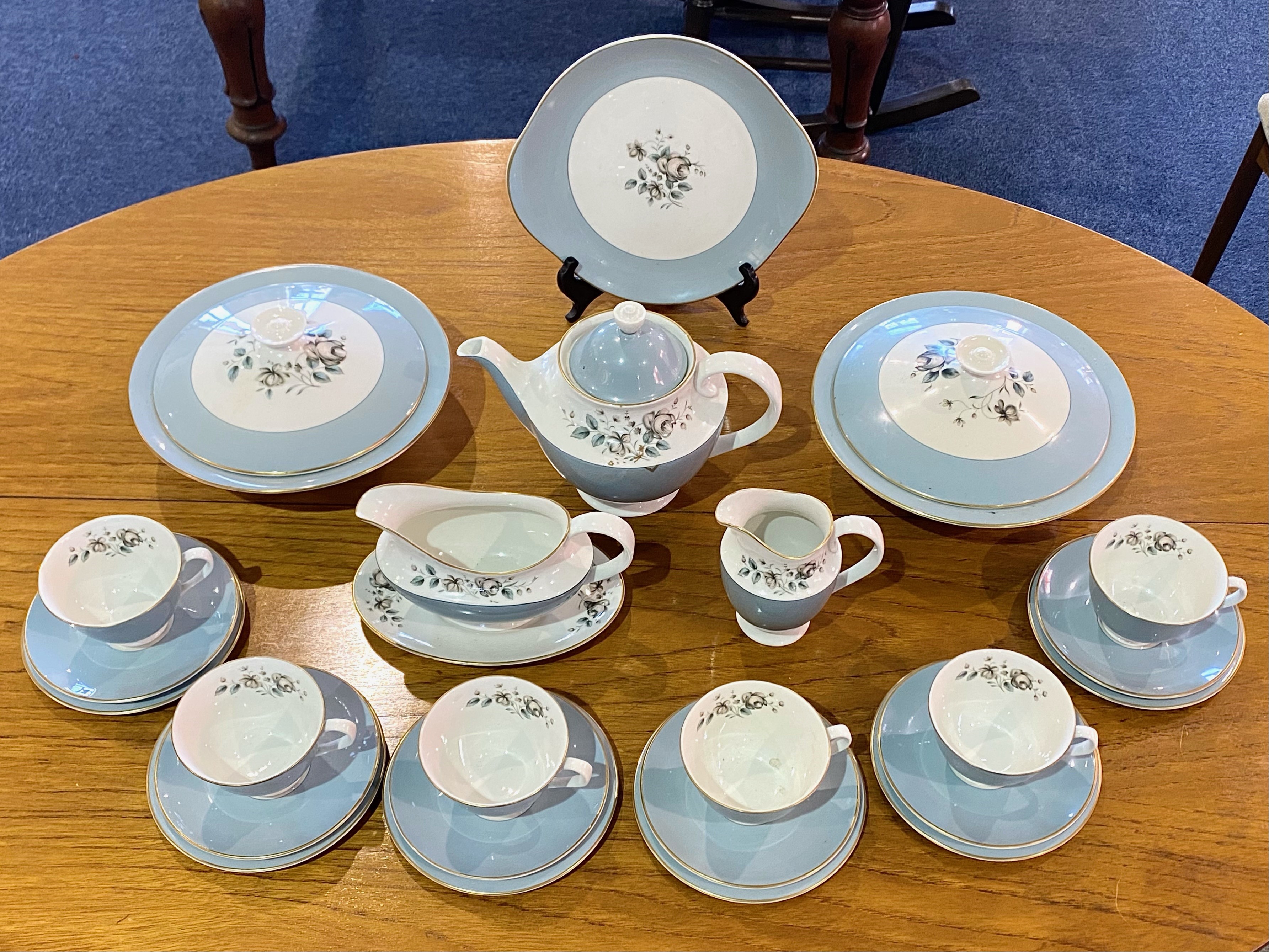 A Royal Doulton Rose Elegans Part Tea Set to include, 2 soup bowls/lids, 1 gravy boat/saucer, 1