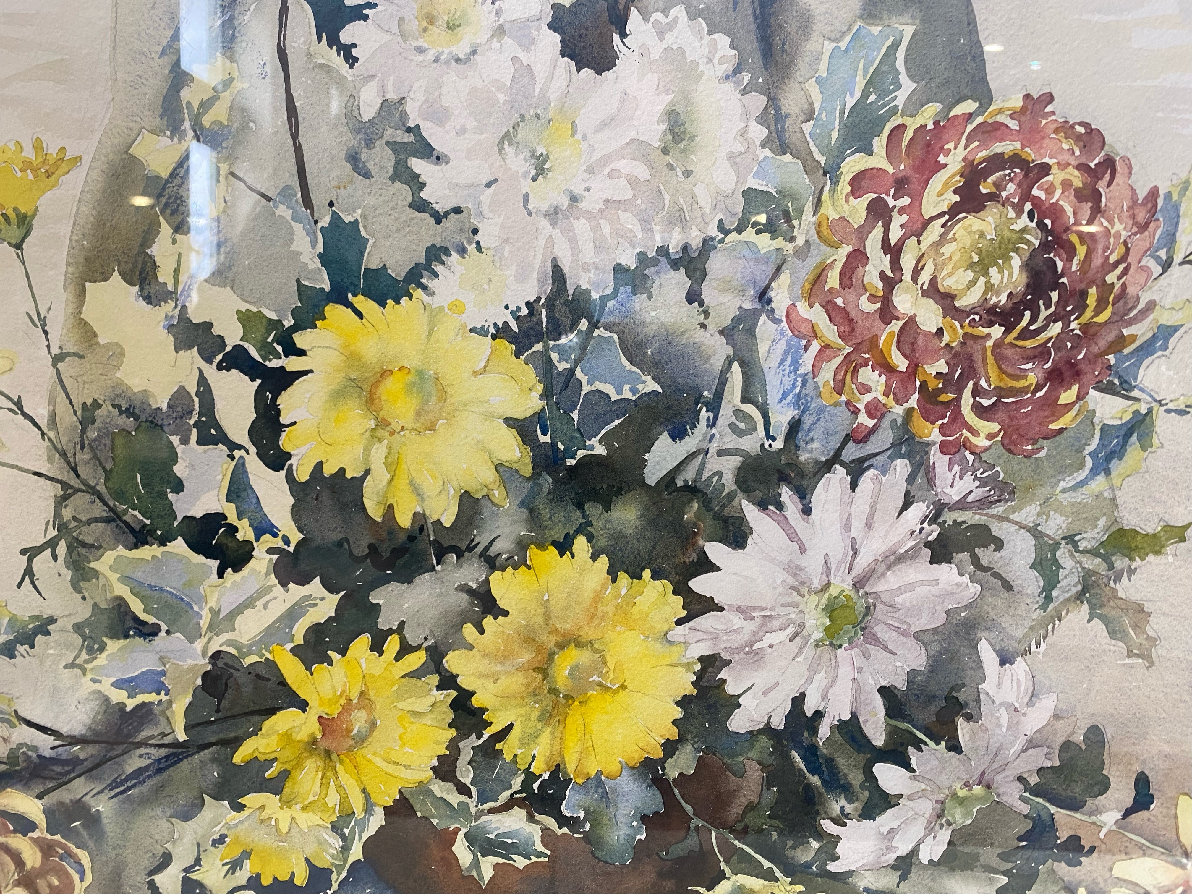 Watercolour Signed Phyllis I. Hibbert, Glass Framed. Subject - ' Chrysanthemums ' Signed to Front. - Image 3 of 3