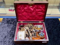 A Victorian Walnut Hinged Box with inlay, containing a quantity of low value costume jewellery, to