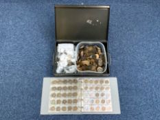 Folder Containing a Quantity of Farthings & Copper Pennies, together with a strong box containing
