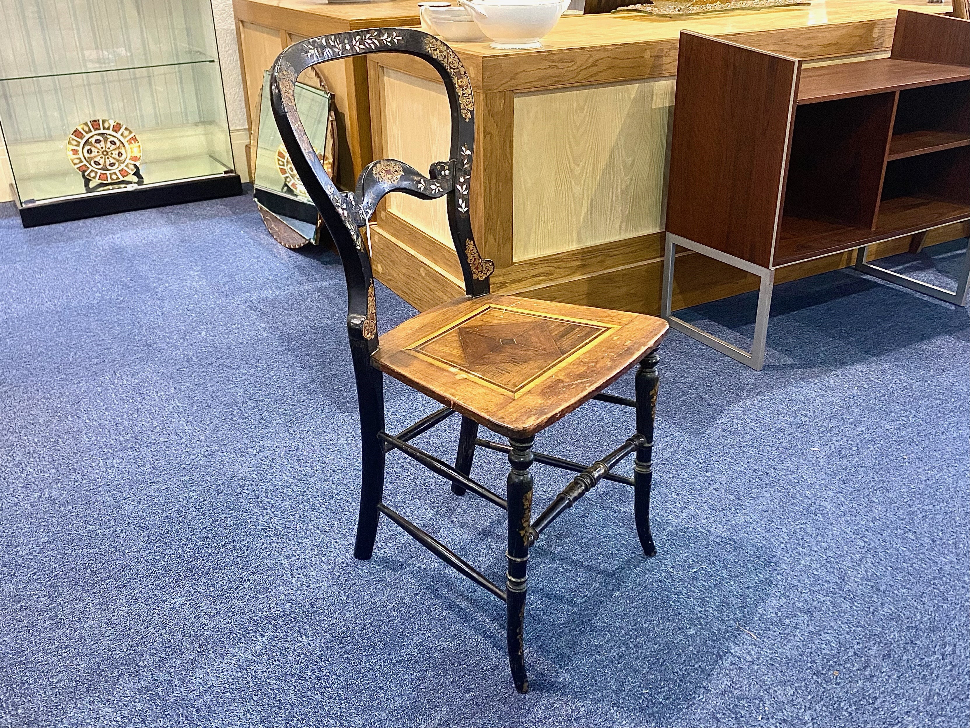 Arts & Crafts Black Lacquered Chair, back inlaid with mother-of-pearl and gilt and red hand - Image 2 of 4