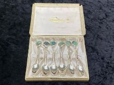 Fine Art Nouveau Set of Six Sterling Silver Peacock Fan Design Teaspoons in original box, marked