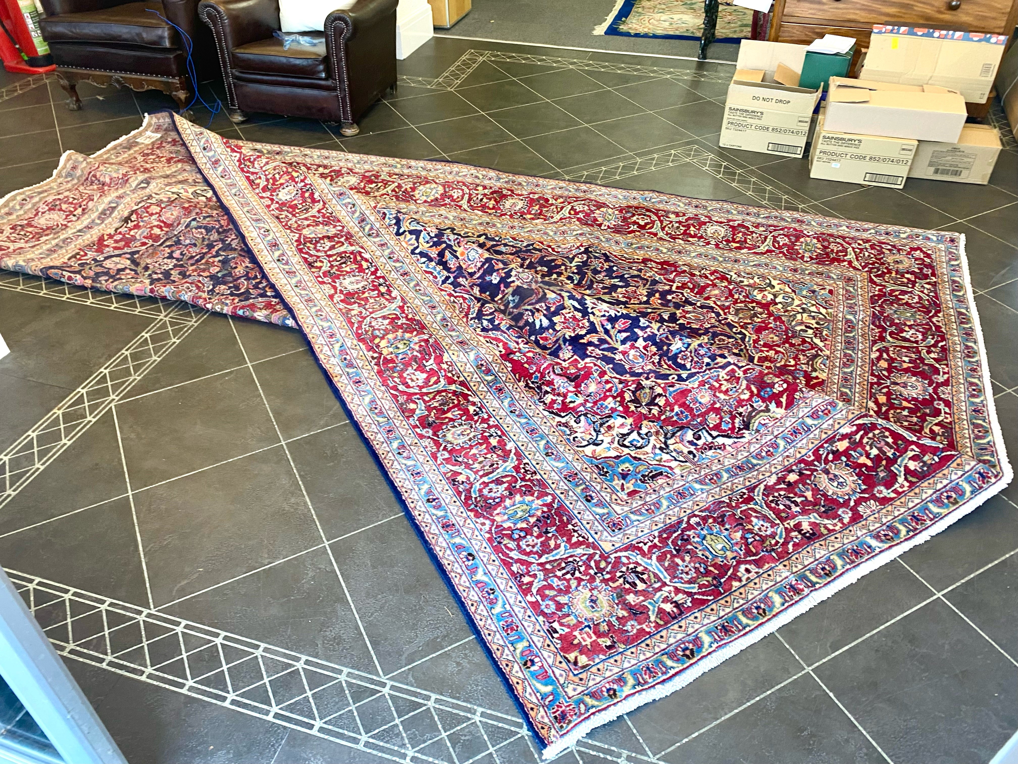Large Blue Ground Persian Kashan Carpet, multi coloured with central floral medallion design. - Image 3 of 4