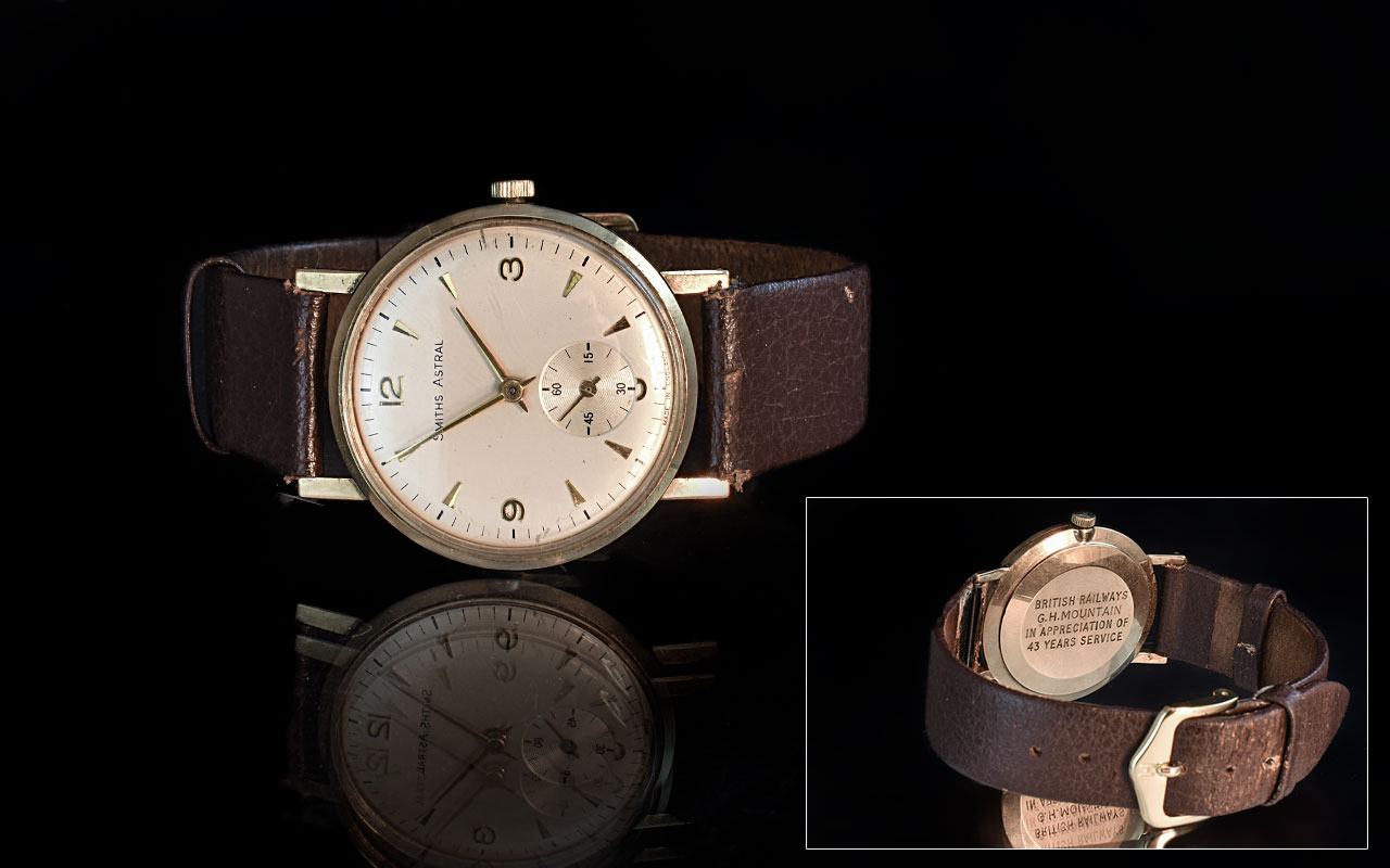 Smiths Astral Gents 9ct Gold Mechanical Wind Wrist Watch. c.1960's. British Railways Presentation