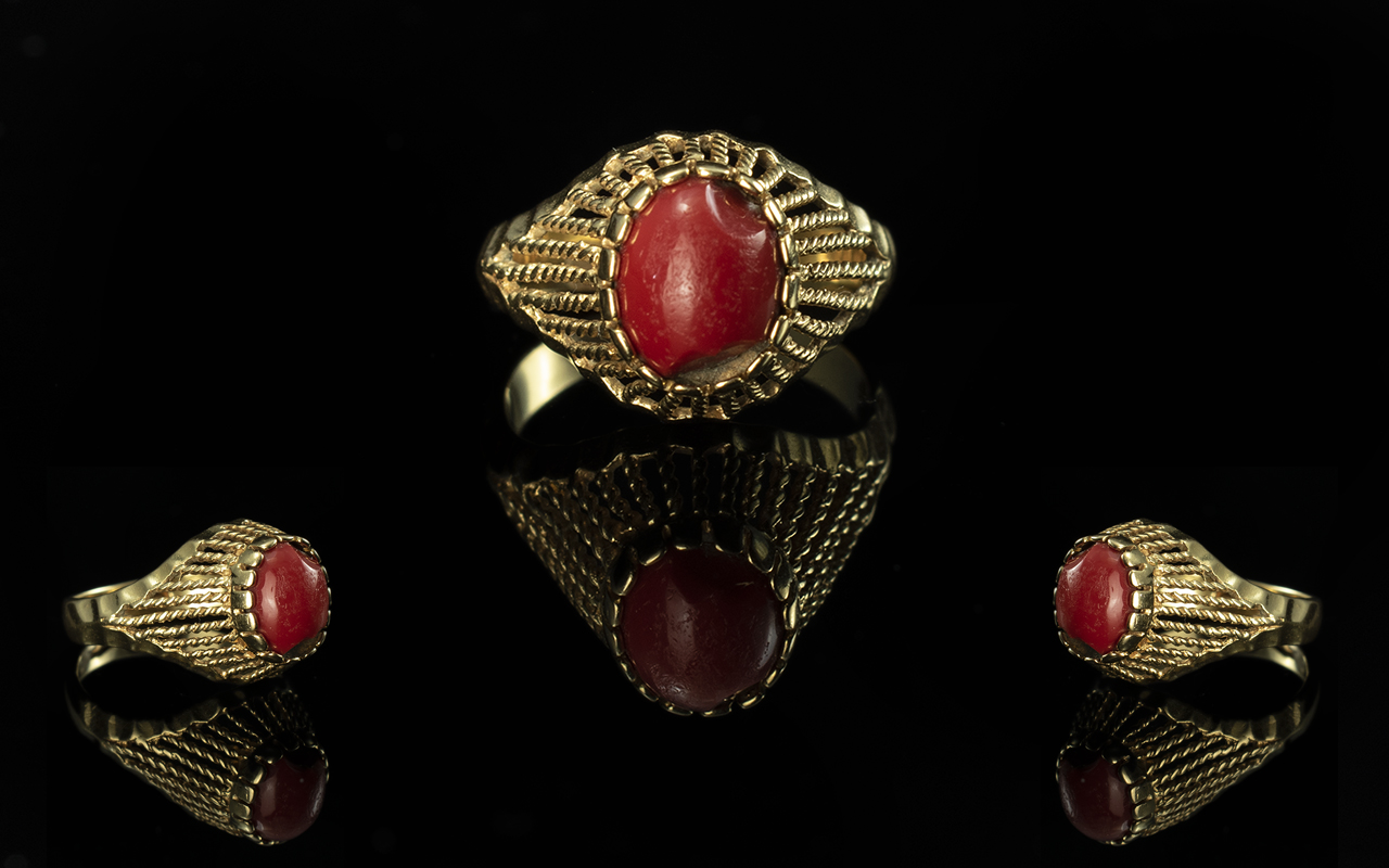 18ct Gold - Attractive Red Coral Set Dress Ring. Marked 750 to Shank. Excellent Designed Shank and