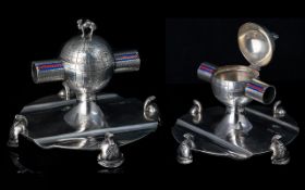 Art Deco Period - Superb Sterling Silver Ink Well In the Form of a World Globe with Figural Camel