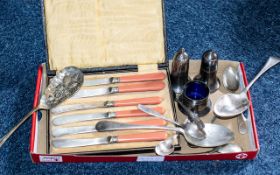 Collection of Silver Plate Items. Includes Boxed Set of 6 Knives with Salmon Colour Handles In