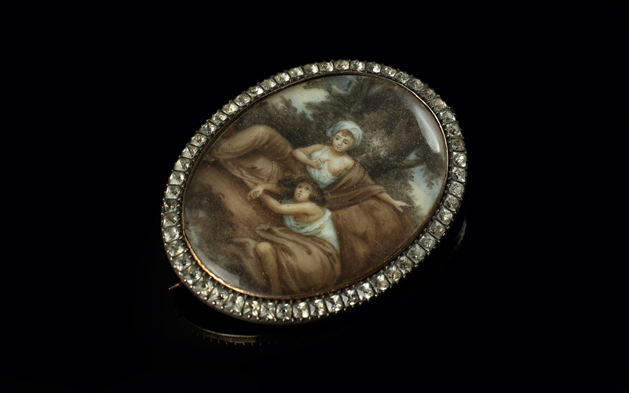 Victorian Period 9ct Gold Oval Shaped Brooch / Pendant with hand painted miniature of two females in