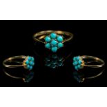 Antique Period Attractive 9ct Gold Turquoise Set Dress Ring, flower head design. Full hallmark to