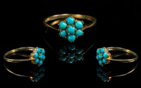 Antique Period Attractive 9ct Gold Turquoise Set Dress Ring, flower head design. Full hallmark to