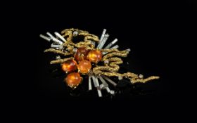 A Superb Ladies 14ct Gold 1960's Retro Fire Opal and Diamond Set Brooch. Superb Design. Marked 585 -