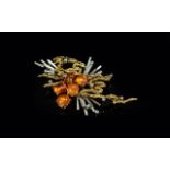 A Superb Ladies 14ct Gold 1960's Retro Fire Opal and Diamond Set Brooch. Superb Design. Marked 585 -