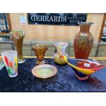 Quantity of Coloured Glass, including Carnival glass vase 10'' tall, Dartington Studio Glass marbled