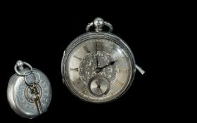 Victorian Period - Heavy and Impressive Sterling Silver Open Faced Key-Wind Pocket Watch, With