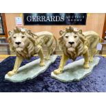 Two Vintage Plaster Cast Models of Lions, approx 18'' long x 10'' tall. Walking Lion on stepped