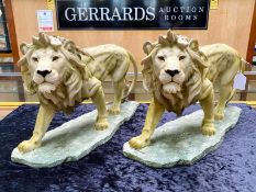Two Vintage Plaster Cast Models of Lions, approx 18'' long x 10'' tall. Walking Lion on stepped