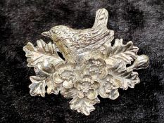 Silver on Pewter Designer Brooch, MASJ (Mary Ann Story Jones), bird on nest of flowers and leaves,