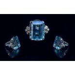 14ct Gold Superb & Impressive Large Aquamarine & Diamond Set Statement Ring, the emerald cut