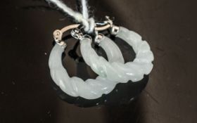 Carved White Jade Hoop Earrings, the jade carved into the appearance of a twisted rope and set in