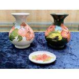 Moorcroft Starter Collection, comprising a 5'' cream Hibiscus bulbous vase, a green and coral