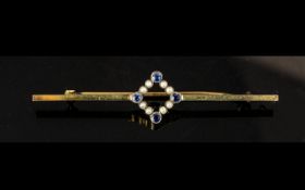 Antique Period 15ct Gold Bar Brooch Set with Seed Pearls and Sapphires to Centre of Brooch. Marked