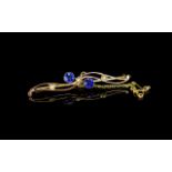 Edwardian Period 15ct Gold Sapphire and Seed Pearl Set Brooch. With Safety Chain. Weight 2,9