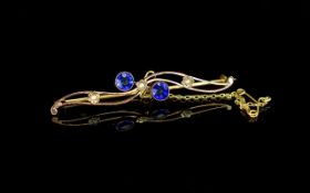 Edwardian Period 15ct Gold Sapphire and Seed Pearl Set Brooch. With Safety Chain. Weight 2,9