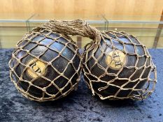 Pair of Vintage Heavy Wooden Crown Green Bowling Balls, in a string carrier.