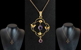 Antique Period - Attractive 9ct Gold Open Worked Pendant Set with Amethysts, Marked 9ct. Attached to